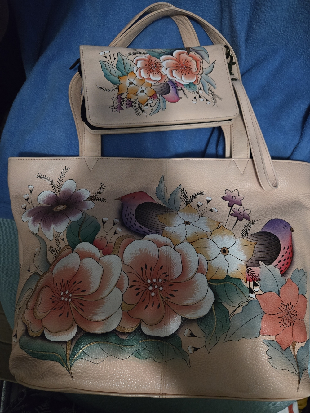 Anuschka Large Pink Floral Satchel with Matching Clutch Wallet